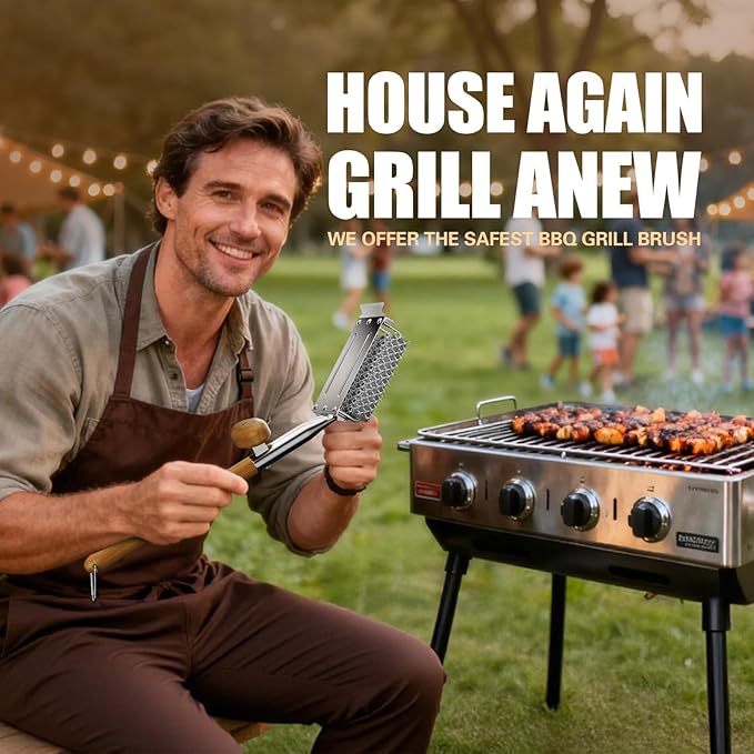 HOUSE AGAIN Grill Brush and Scraper Bristle Free with Dual Grip, 304 Stainless Steel Food-Grade Brush Head, Outdoor Grill Cleaning Brush Safe BBQ Grill Accessories Cleaner for Porcelain/Weber/Charcoal