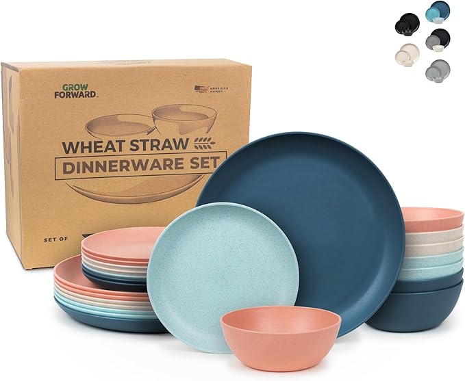 Grow Forward 24-piece Premium Wheat Straw Dinnerware Sets for 8 - Unbreakable Dishwasher & Microwave Safe Plastic Plates and Bowls Sets - Patio, Outdoors, RV, Camping Dishes - Tropical