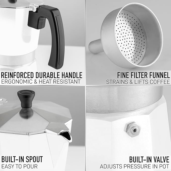 Zulay Moka Pot Espresso Stovetop Coffee Maker - Leak-Proof, Stainless Steel, Easy to Clean, Heat Resistant Handle & Knob - for Authentic Cuban & Italian Style Espresso - Makes 6 Espresso Cups - White