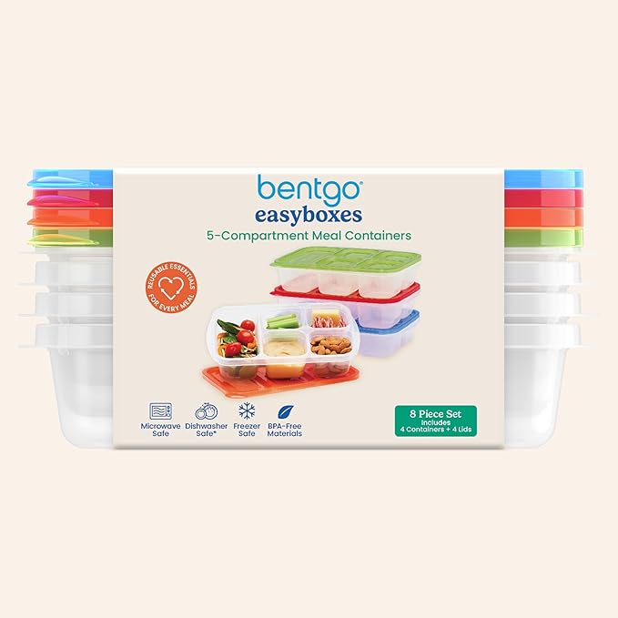 Bentgo Easyboxes - Reusable 5-Compartment Food Containers, Stackable 8-Piece Set, 4 Trays & 4 Lids, BPA-Free Food Storage for Meal Prep, School, & Work; Lunch Boxes with Patented Design (Classic)