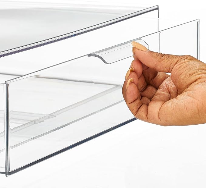 mDesign Wide Plastic Stackable Bathroom Storage Organizer Bin with Pull Out Drawer for Cabinet, Vanity, Shelf, Cupboard, Cabinet, Countertop, or Closet Organization - Lumiere Collection - Clear