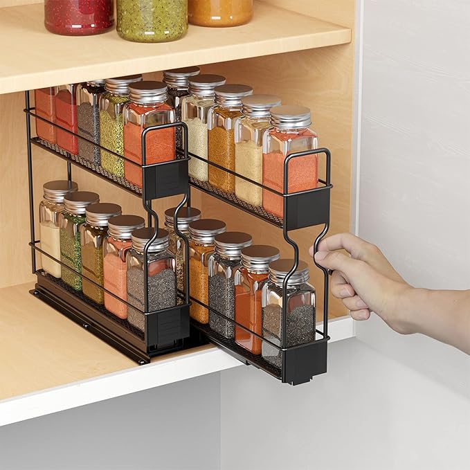 SpaceAid Pull Out Spice Rack Organizer with 20 Jars for Cabinet, Slide Out Seasoning Kitchen Organizer, Cabinet Organizer, with Labels, 5.2" W x10.75 D x10 H, 2 Drawers 2-Tier