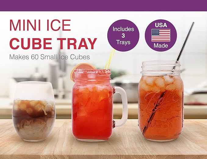 Arrow Mini Ice Cube Trays, 3pk - Durable, Break-Resistant Ice Trays for Freezer - BPA-Free Ice Cube Trays Smaller Cubes Great for Sports Bottles, Blenders, Cocktails and More - 60 Mini Cubes/Ice Tray