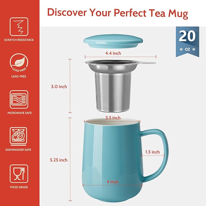 Sweese 20 OZ Porcelain Tea Mug with Infuser and Lid, Loose Leaf Tea Cup, Gifts for Tea Lover - Turquoise