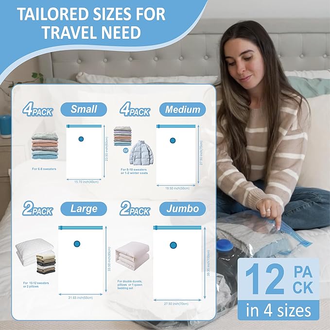 Cozy Essential Travel Vacuum Storage Bags with Portable Electric Pump, Vacuum Seal Space Saver Bags for Clothing and Luggage, 12 Pack