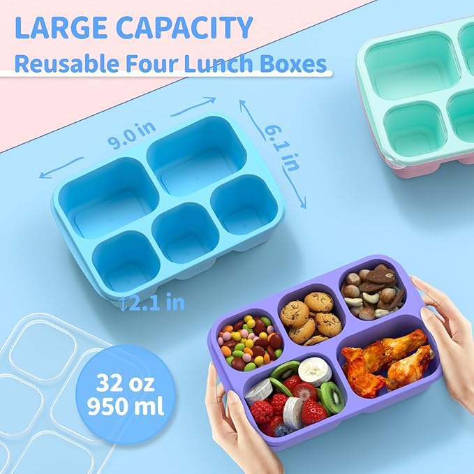 Bento Box Adult Lunch Box - 4 Pack, 5 - Compartment Meal Prep Container for Kids, Reusable Food Storage Snack Containers - Stackable for School, Work, and Travel (PP(Blue/Pink/Green/Purple))