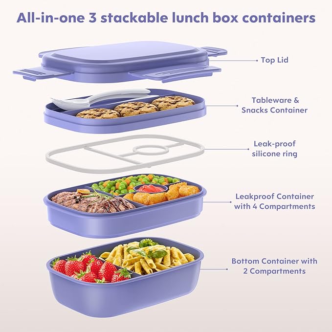 Stackable Bento Box for Adult Kids, Large Capacity 1900ml , Leak-Proof Lunchbox Containers with Utensil Set for Dining Out, Work, Picnic, School