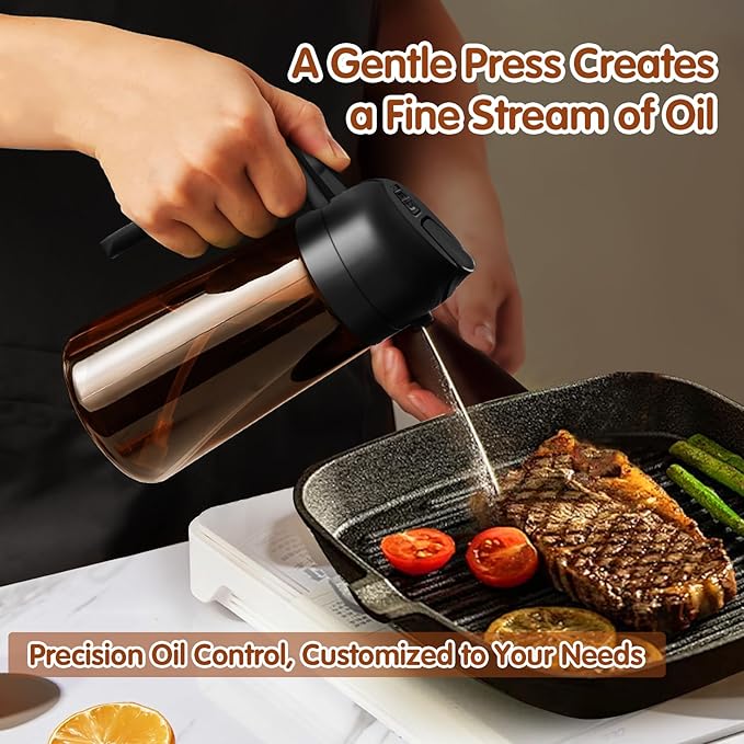 YARRAMATE 2PCS 16oz/470ml Oil Sprayer for Cooking with Stickers, Food-Grade 2 in 1 Olive Oil Dispenser Bottle for Kitchen, Premium Dark AmberGlass Oil Bottle for Air Fryer, BBQ (Black & White)