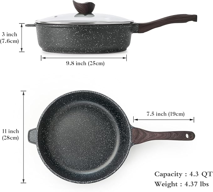 Kordisen Nonstick Deep Frying Pan with Lid, 11 Inch Non Stick Skillet, Saute Pan for Cooking, Healthy Induction Cookware, PFOA Free