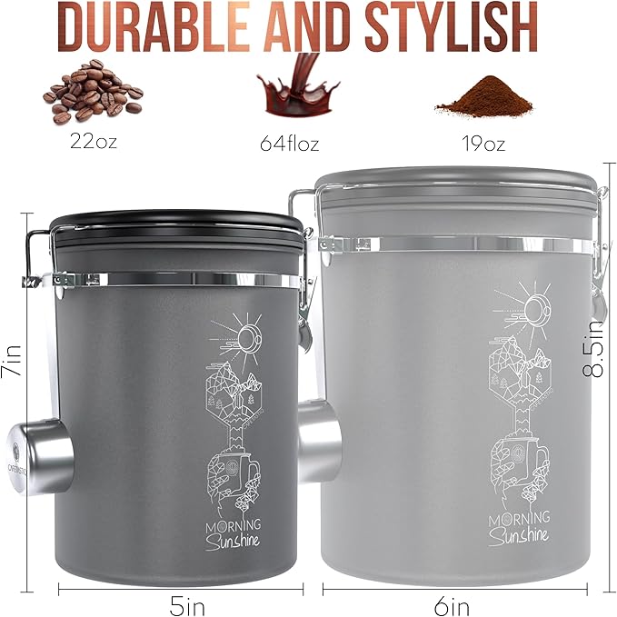 Coffee Canister – Airtight Stainless Steel Storage Container with Date Tracker & Scoop, Sealed Jar for Grounds, Beans, Tea, Flour, Cereal, and Sugar (Gray Home, 22OZ)
