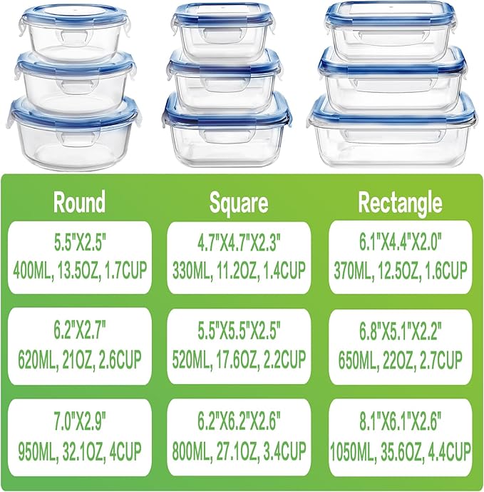 HOMBERKING Glass Food Storage Containers with Lids, [18 Piece] Glass Meal Prep Containers, Airtight Lunch Bento Boxes, BPA-Free & Leak Proof (9 lids & 9 Containers) - Deep Blue