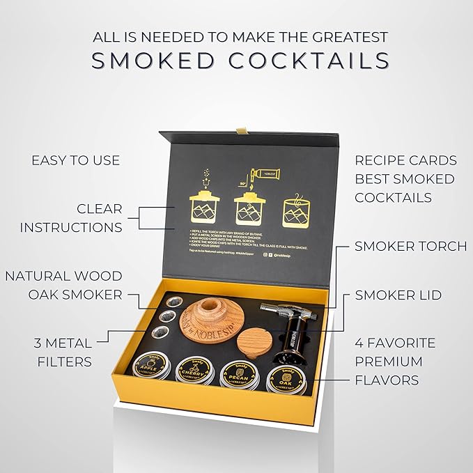 NobleSip Whiskey Bourbon Smoker Kit 𝗣𝗥𝗘𝗠𝗜𝗨𝗠 Smoky bar Set. Natural American Solid Oak Smoker. A Great Home bar Gift, Easily Make The Legendary Smoked Cocktails and Old fashioneds at Home.