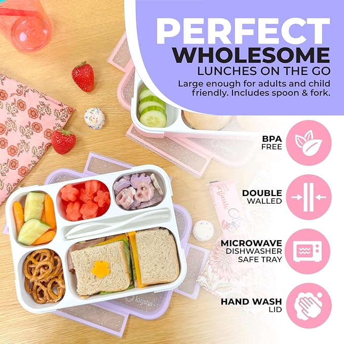 kinsho Glitter Lunch Box Bento Boxes for Girls, Meal and Snack Containers for Toddler Daycare, School, Travel, 6 Divided Compartments, Cute 2 Pack Set, Utensils, Pink Purple Lilac