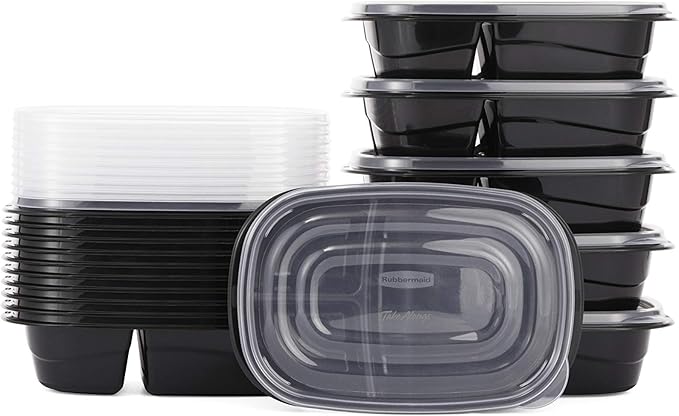 Rubbermaid 32-Piece Food Storage Containers with 2 Compartments and Lids for Lunch, Meal Prep, and Leftovers, Dishwasher Safe, 4.7-Cup, Black
