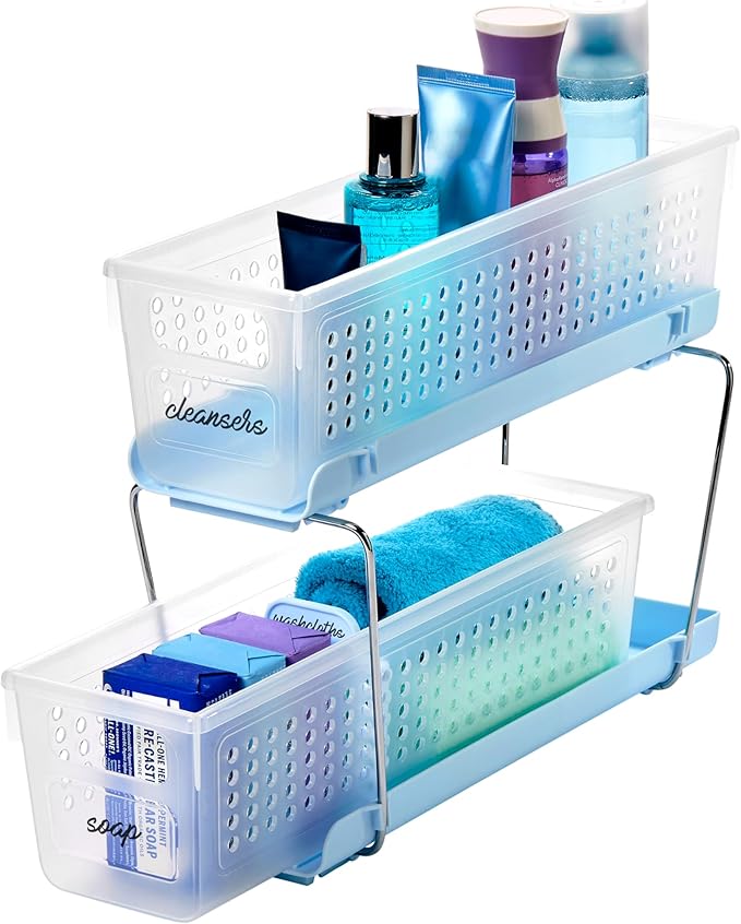 madesmart 2-Tier Plastic Mini Multipurpose Organizer with Divided Slide-Out Storage Bins, Compact Under Sink and Cabinet Organizer Rack, Frost