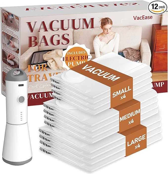 Travel Vacuum Bags with Rechargeable Cordless Air Pump, 12 Pack Vacuum Storage Seal Bags for Clothing(4 Large+4 Medium+4 Small), Compression Packing for Clothes Suitcase Luggage
