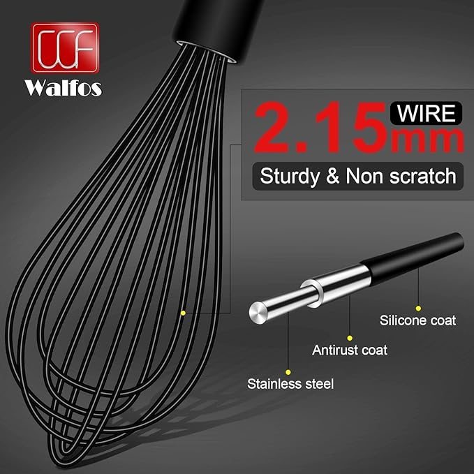 Walfos Whisks,Silicone Whisk Non Scratch,Whisks for Cooking,BPA free and Dishwasher Safe.Nice for Mixing and Beating.5pcs whisk set (5+7in mini whisk +7+9+11in balloon whisk)
