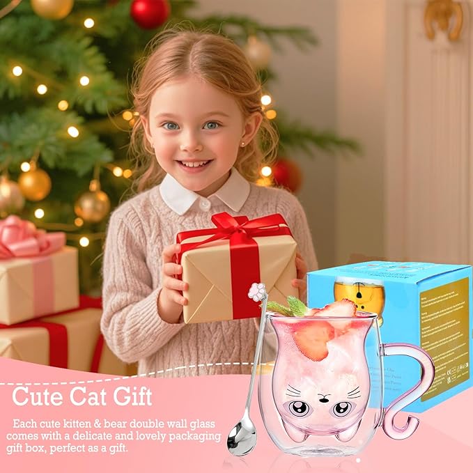 Cute Mugs Glasses Double Wall Insulated Glasses Espresso Cup, Coffee Cup, Tea Cup, Milk Cup, Best Gift for Office and Personal Birthday, Pink Cat