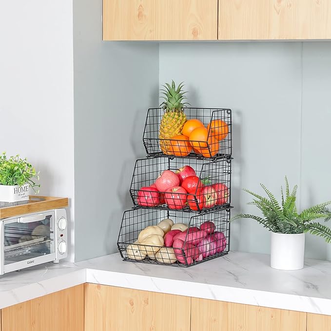 X-cosrack 3-Tier Stackable Wire Baskets for Pantry Organization and Storage, Kitchen Counter Basket for Potato Onion Storage, Fruit and Vegetable Storage Basket, Metal Baskets for Snack Produce Cans