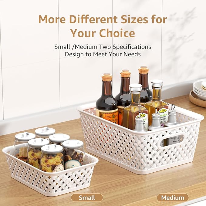 MaxGear Organization and Storage 3 Packs, Plastic Bins Organizer Bins, Woven Baskets for Storage, Plastic Baskets with Handles, White Basket for Organizing, Basket Organizer for Home and Office, Small