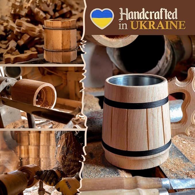 Beer Mug 20 OZ - Tankard Mug - Beer stein - Wooden beer mug - Stainless Steel Cup - Handmade Gifts for Men - Fathers Day, Christmas or Birthday Gift Idea - Men Mug - Retro Brown