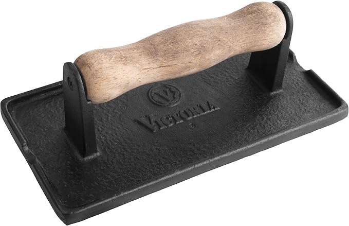 Victoria Cast Iron Panini Press, Burger Press, Bacon Press, Grill Press, Seasoned with 100% Kosher Certified Non-GMO Flaxseed Oil, Model Number: GAD-025