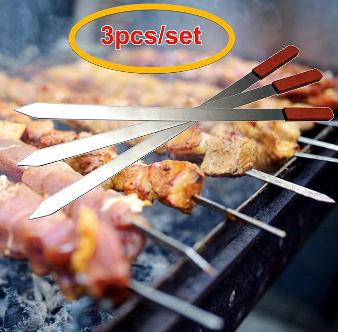 Premium Stainless Steel Barbecue Skewers BBQ Outdoor Grill Skewer stick Barbecue Fork with Solid Wood Handle for Grilling Shish Kebob Koubideh Persian Brazilian Kebab (3pcs)