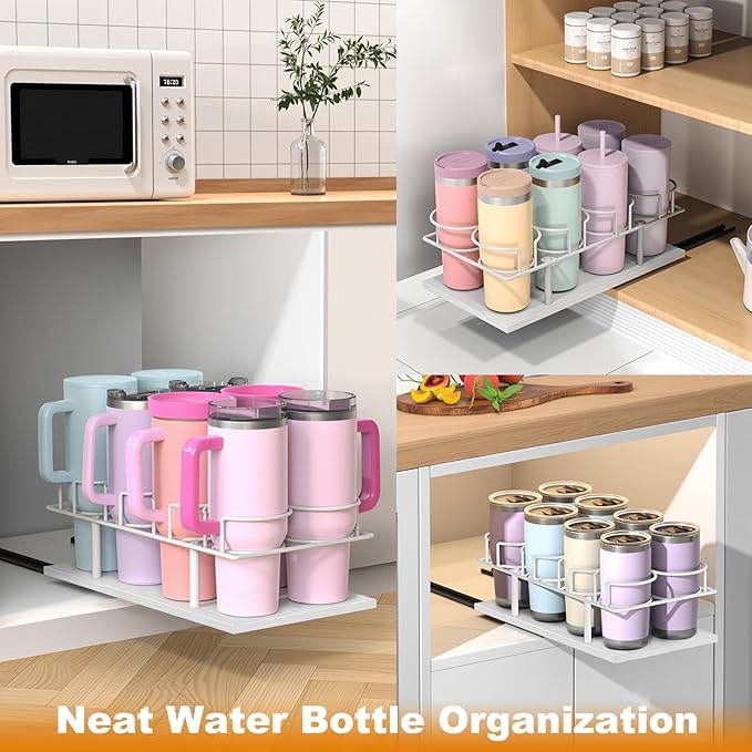 Housolution Pull Out Water Bottle Organizer for Cabinet, Slide Out Tumbler Storage Organizer for 10 to 40 oz Cups, Sliding Cup Holder Rack Compatible with Stanley, Owala and Other Brands, White