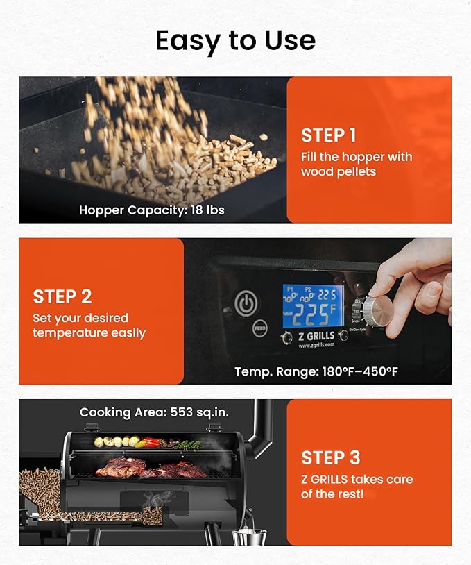 Z GRILLS ZPG-550B2 Wood Pellet Grill & Smoker with PID 2.1 Controller, 553 sq in Cooking Area, Meat Probe, Hopper Cleanout, 8 in 1 BBQ Grill Outdoor Auto Temperature Control, Black
