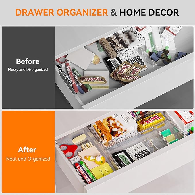 Criusia 8 Pack Drawer Organizer for Kitchen Gadgets, Large Clear Plastic Drawer Divider for Kitchen Accessories, Bathroom Organizers and Storage, Home Essentials for Makeup and Vanity Accessories