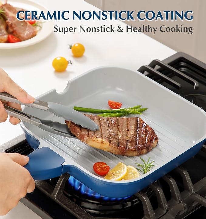 KOCH SYSTEME CS 9.5 Inch Nonstick Grill Pan for Stove Tops, Square Griddle Pan with Pour Spouts, Grill Pan for Indoor Cooking, Grill Skillet with Bakelite Handle, PTFE & PFOA Free, Blue