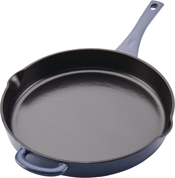 Ayesha Curry Kitchenware Enameled Cast Iron Skillet/Frying Pan with Helper Handle and Pour Spouts, 12 Inch - Anchor Blue