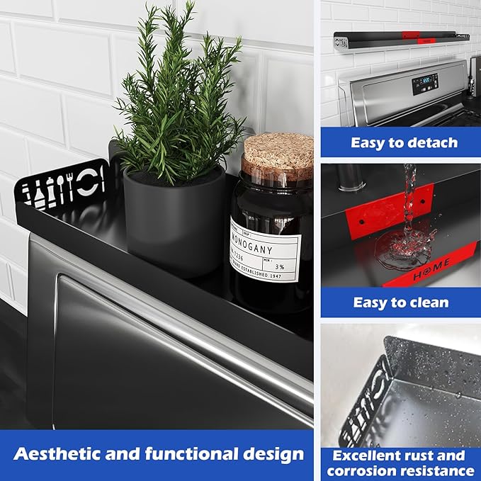 30" Magnetic Stove Top Shelf – Black Spice Rack with Red HOME Design – Seasoning Organizer for Back of Stove – Over Stove and Kitchen Storage Shelf