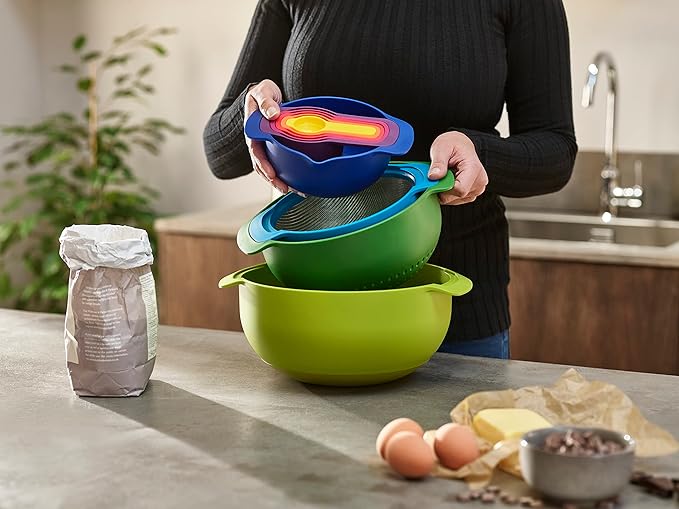 Joseph Joseph Nest 9 Plus, 9 Piece Compact Food Preparation Set with Mixing Bowls, Measuring cups, Sieve and Colander, MultiColor