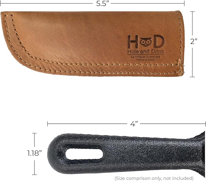 Hide & Drink, Full Grain Leather Hot Handle, Cast Iron Protector, Panhandle Potholder, Double Layered, Double Stitched, Slides On/Off Easily onto Metal Skillet Grips, Handmade, Single Malt Mahogany