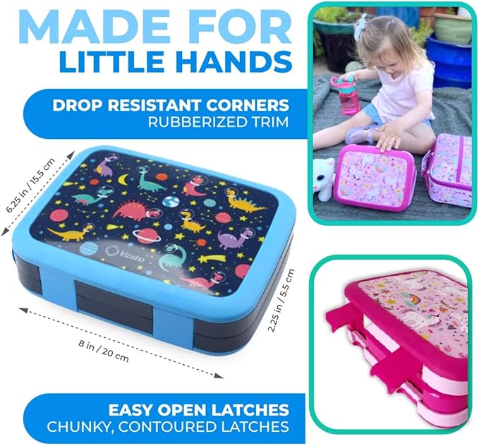 Bento Box Lunch Boxes for Kids Boys Girls, Snack Containers for Toddler Daycare, Pre-School Lunches, 4 Divided Compartments, Pink Unicorn + Blue Space Dinosaur 2 pack