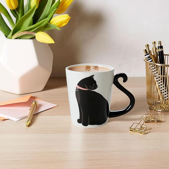 VOTUM Black Cat Ceramic White Coffee or Tea Mug - Animal Shaped Cup with Hand Printed Designs - Cute Handmade Gift for Men or Women Cat Lovers - 12 Fluid Ounce