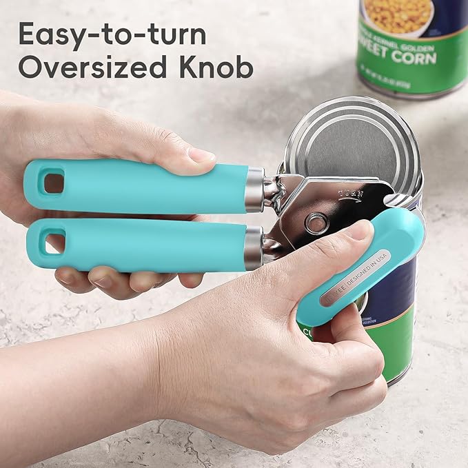 Can Opener Manual, UHIYEE Hand Held Manual Can Openers Heavy Duty with Smoother Cut Sharp Blade, Manual Hand Can Open with Soft Handle, Easy to Turn Knob, Magnetic Lid Lifter, Turquoise
