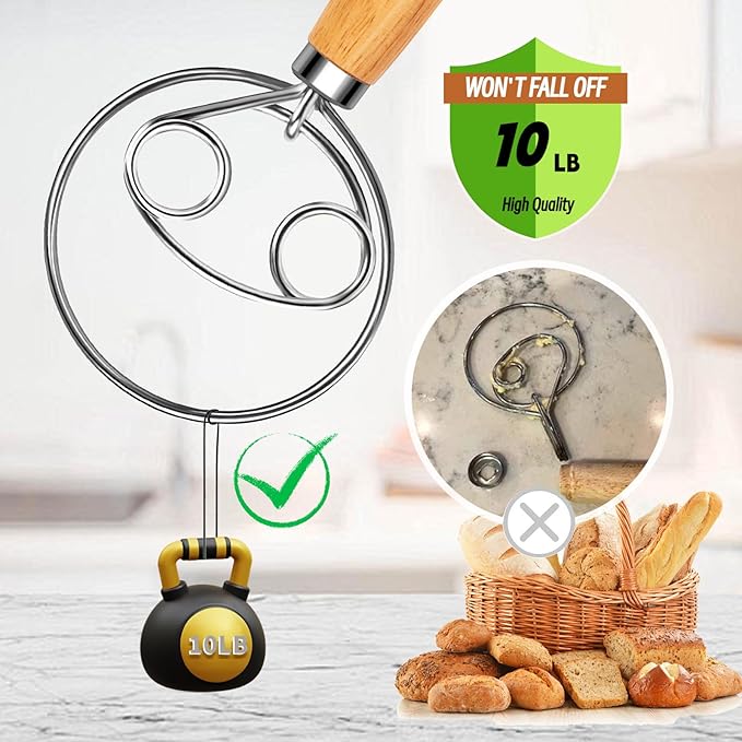 Danish Dough Whisk and Dough Hook - Stainless Steel Dutch Style Wooden Handle for Sourdough, Bread, Pastry Dough Mixing Tools