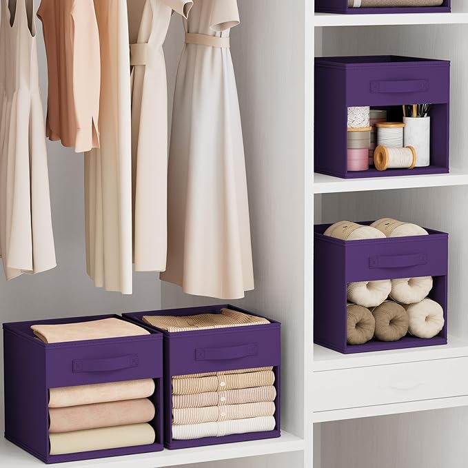 DIMJ Storage Cubes, Cube Storage Bin, 6 Pack Foldable Baskets with Window, Closet Storage Bins with Handle, 11x 11 inch Storage Cubes for Clothes, Toys, Books (Purple)