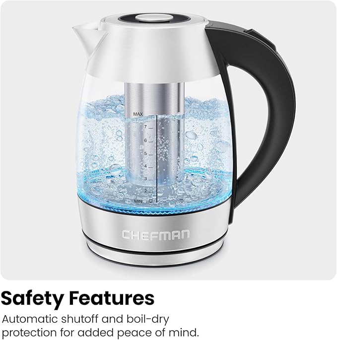 Chefman Electric Kettle for Boiling Water, 1.8L 1500W, Removable Tea Infuser, Auto Shut Off, Boil-Dry Protection, BPA Free, Borosilicate Glass, Hot Water Boiler, Electric Tea Kettle - Stainless Steel