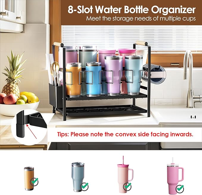 Housolution Water Bottle Organizer Drying Rack for 10 to 40 oz Cups, Multifunctional 8 Slots Tumbler Organizer Cup Holder Rack Compatible with Stanley, Owala, Simple Modern and Other Brands