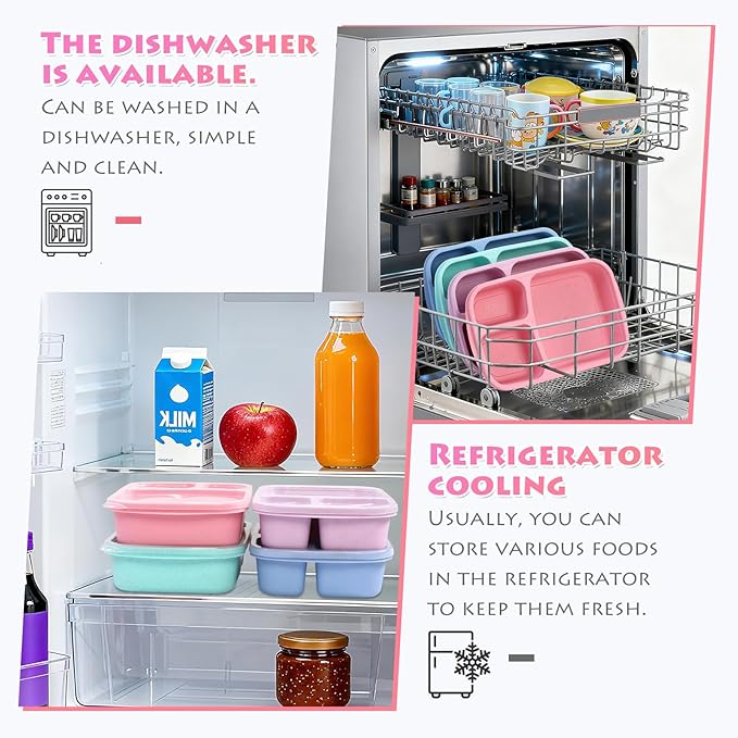 4 Pack Adult Lunch Box Set, Reusable 3-compartment food containers, Microwave and Dishwasher Safe (4 light color)