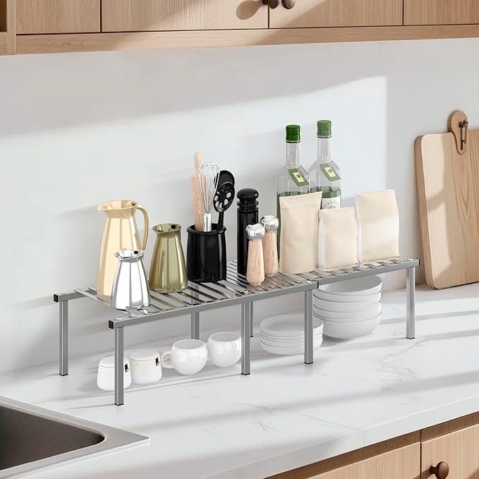 STORAGE MANIAC Set of 4 Expandable Kitchen Cabinet Organizer Shelf Kitchen Counter Shelves Spice Rack Kitchens Storage Wire Shelf Adjustable Metal Pantry Storage for Plate Dish, Grey