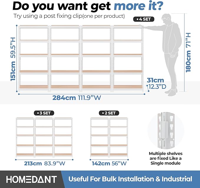 HOMEDANT 5 Tier Laminated White Boltless Metal Shelving Unit Adjustable Garage Storage Utility Rack Heavy Duty Shelves Organization Multipurpose Shelf Warehouse Pantry 28" W x 12.3" D x 59.5" H 4Pack