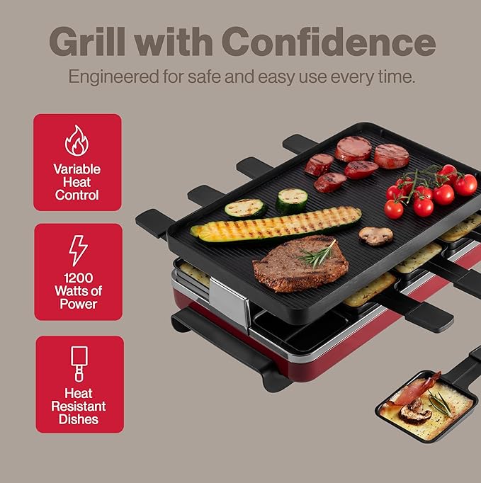 Swissmar Classic 8-Person Raclette Party Grill with Reversible Cast Aluminum Non-Stick Grill Plate/Crepe Top, Indoor Electric Raclette Grill & Griller - Black Grill Plate - Red