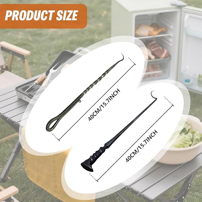 BBQ Turner Hooks, Meat Hook Flipper, Iron BBQF Turner Hooks, Flips Cooking Hooks, BBQ Food Flipper, for Grilling Smoking Frying, Long Handle Meat Hooks (Type B)