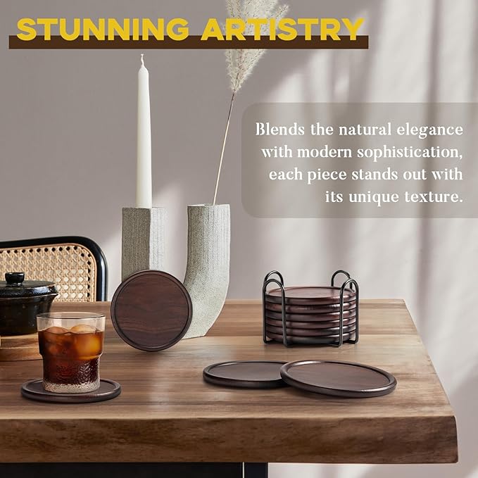Wood Coasters with Metal Holder, GOH DODD Set of 6 Walnut Wooden Coaster Tabletop Protection for Drinks Coffee Table Home Kitchen Office Bar Living Room Decor Housewarming Gifts Wedding Party, 4 Inch