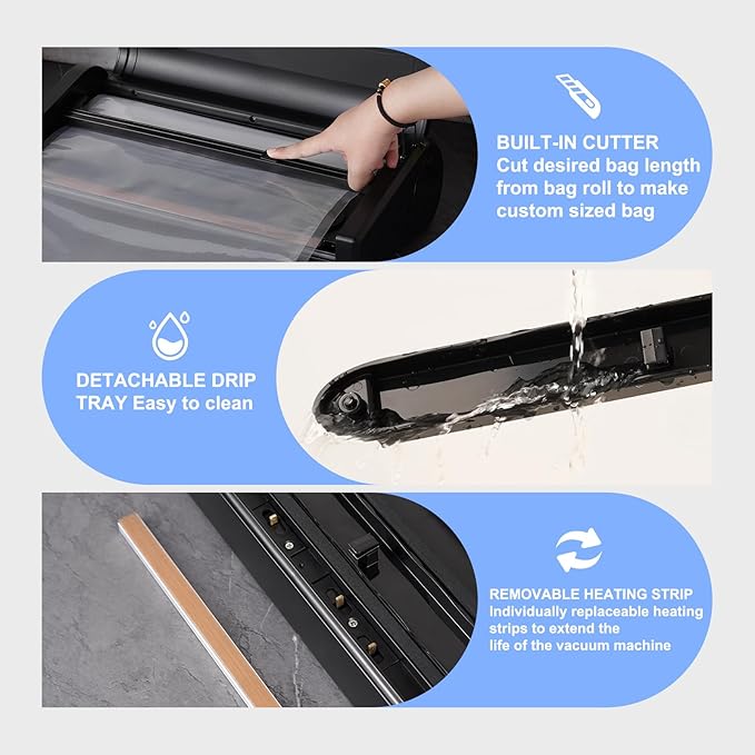 Vacuum Sealer Machine, 75kpa Rechargeable Full Automatic Food Sealer for Freshness Storage, Stainless Steel Portable Food Vacuum Sealers Machine with Pre-cut Bags, Air Hose for Outdoor Indoor