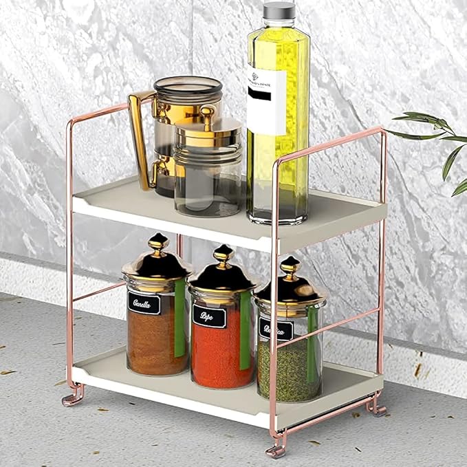 Plastic/Metal Freestanding Stackable Organizer Shelf,Bathroom Countertop Storage Shelf Cosmetic Organizer Holder Kitchen Spice Rack,2-Tier Standing Rack (Rose Gold)